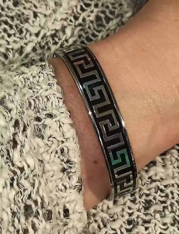 Designer Silver Meander Bracelet/ Black Greek Key Bracelet/Handmade Greek Key Jewelry/ Anniversary gift for wife/ Gift for her/ 10mm Silver 