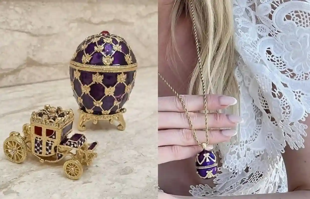 Amethyst Faberge Egg Carriage Trinket box Faberge Necklace Austrian Crystal Jewelry box SET Faberge Ornament Wife Jewelry box Faberge style 