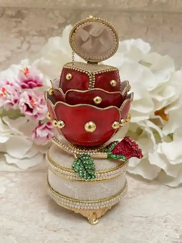 Red Faberge egg style, Limited edition Faberge Eggs Vintage, MUSICAL Rose Jewelry gift box, HANDCARVE NATURAL Real Egg, 24kGold Handmade 