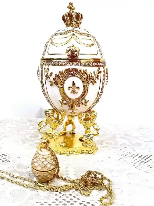 White Faberge-Style egg - Imperial Lion Faberge style egg + Faberge Egg Pendant Necklace - White Gold trinket box - Swaroski Diamond HANDSET 24k 