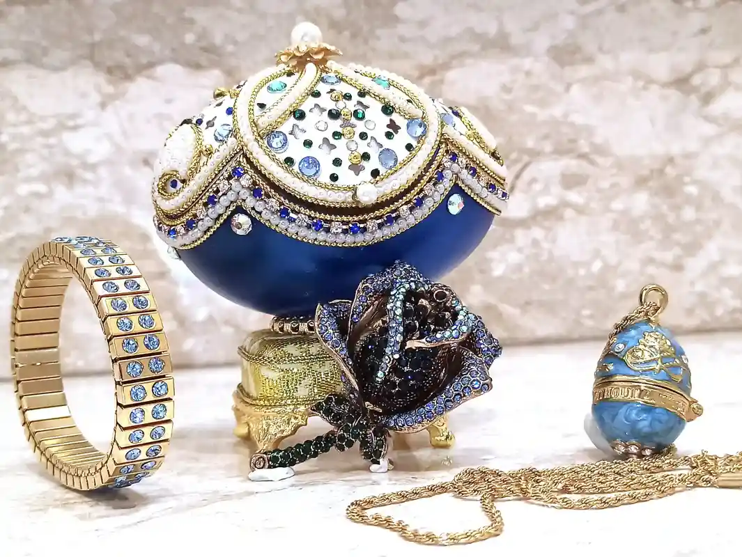 One of a KIND gifts for women - Blue Rose Faberge-Style Egg Ornament + Faberge Egg pendant NECKLACE + Swarovski Blue BRACELET -2ct -Designer Gift 