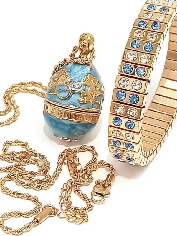 Artisan Handmade Jewelry,FABERGE-Style egg Pendant Necklace & GOLD Bracelet set for women,Blue Birthday gifts for her, Blue Necklace set, Faberge 