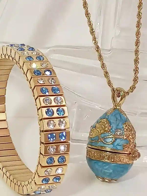 Artisan Handmade Jewelry,FABERGE-Style egg Pendant Necklace & GOLD Bracelet set for women,Blue Birthday gifts for her, Blue Necklace set, Faberge 
