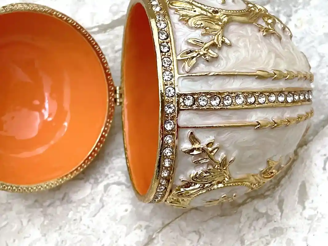 Imperial Off-White Faberge Egg style 24KGOLD 4ct Collectors Egg Fabrege Eggs Jewelry Box Faberge Egg Trinket Box HANDMADE 200 Set Swarovski 