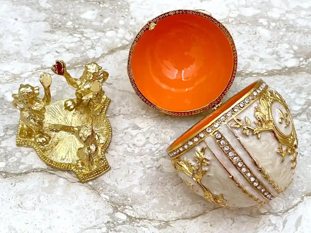 Imperial Off-White Faberge Egg style 24KGOLD 4ct Collectors Egg Fabrege Eggs Jewelry Box Faberge Egg Trinket Box HANDMADE 200 Set Swarovski 