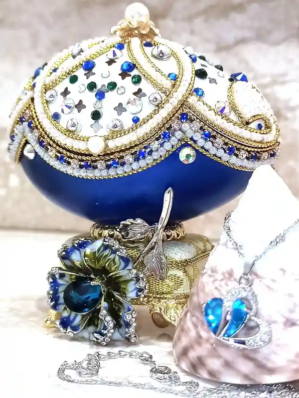 One Of a Kind- Faberge-Style Egg -24kGOLD -Faberge Egg Music Box- Sterling Silver Jewelry - Blue NECKLACE - Silver,Topaz BRACELET - Faberge style 