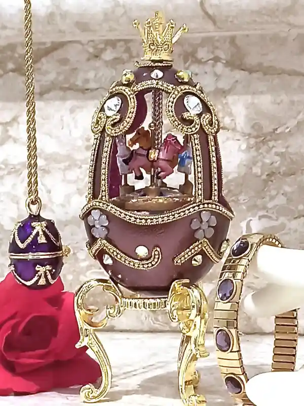 One Of a Kind Faberge Egg style Faberge NECKLACE Amethyst BRACELET Purple Faberge egg Musical Carousel Horse 24k GOLD Handmade Faberge Egg 