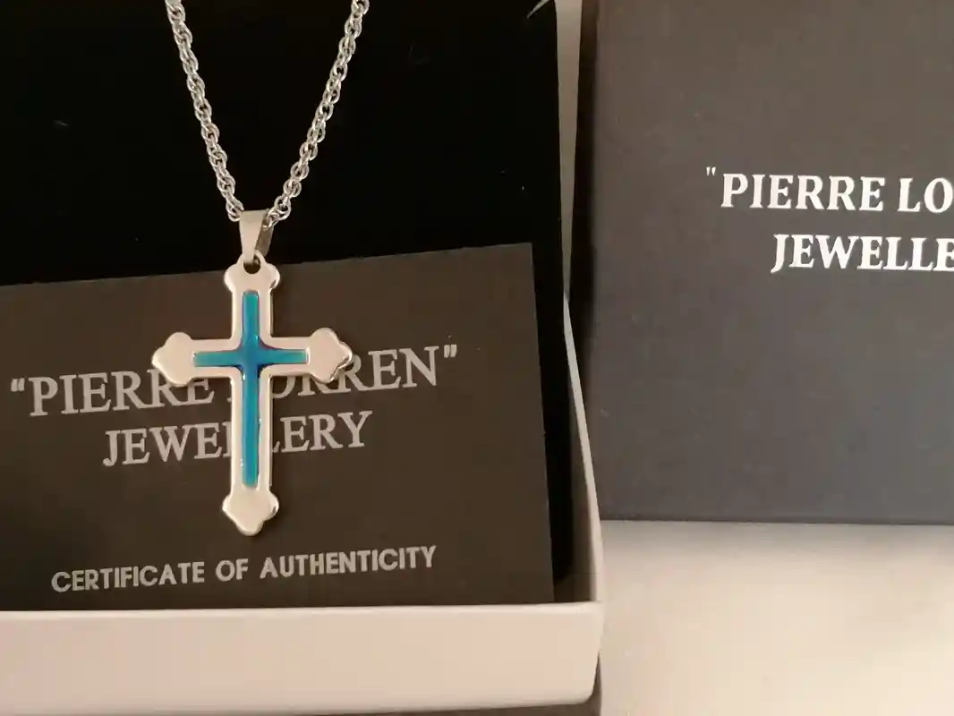 Something Blue Cross Pendant Necklace/Religious Jewelry SILVER Christian Cross LONG Necklace gift for women HANDMADE /Chain 16
