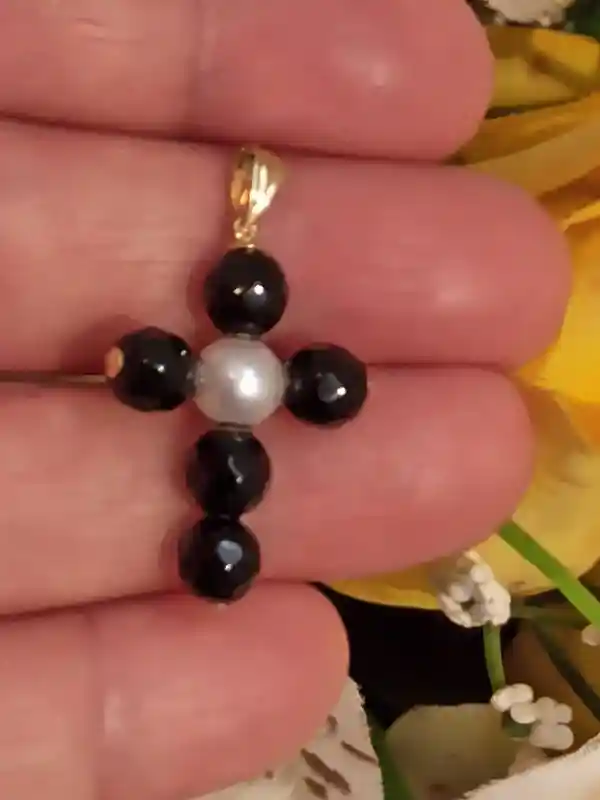 Cross,18k GOLD Cross,Gold Black PEARL Cross,Christian Mothers Day Gift,Cross for Mom,Black Cross pendant,Gold Pearl Cross,Christian Mom Gift 