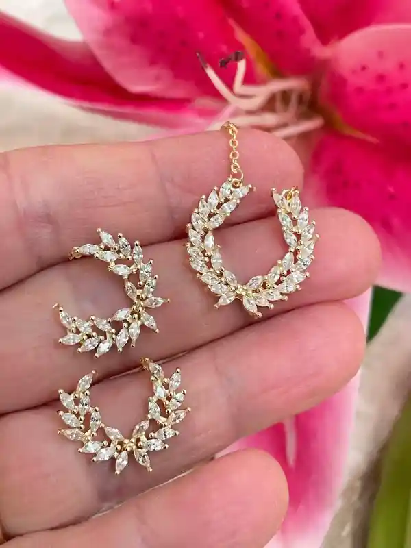 24k Swarovski Bridal Shower Gold Jewelry for bride present , Olive Branch Necklace Earrings SET, Handmade Jewelry, Sterling Silver GoldPlate