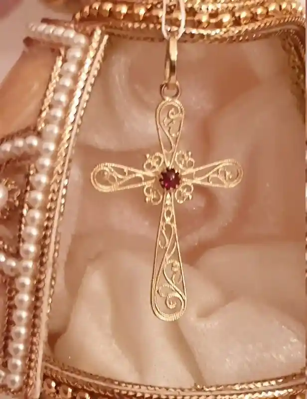 18kt Filigree Baptism Cross pendant charm SOLID GOLD Garnet/Religious Cross Charm First Communion Gift Girl 18kt gold Christian Gift HANDMDE 