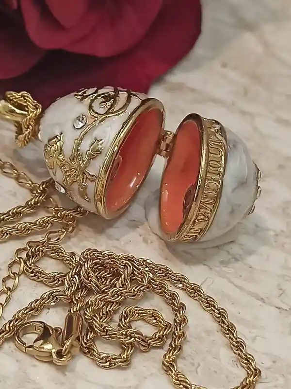 Luxury Faberge Egg Pendant Locket White Faberge Egg Necklace SET 24k GOLD Faberge Jewellery Austrian Crystal Handset + Gold White Bracelet 