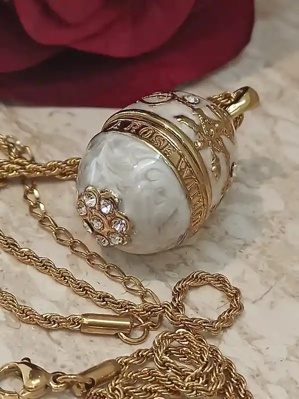 Luxury Faberge Egg Pendant Locket White Faberge Egg Necklace SET 24k GOLD Faberge Jewellery Austrian Crystal Handset + Gold White Bracelet 