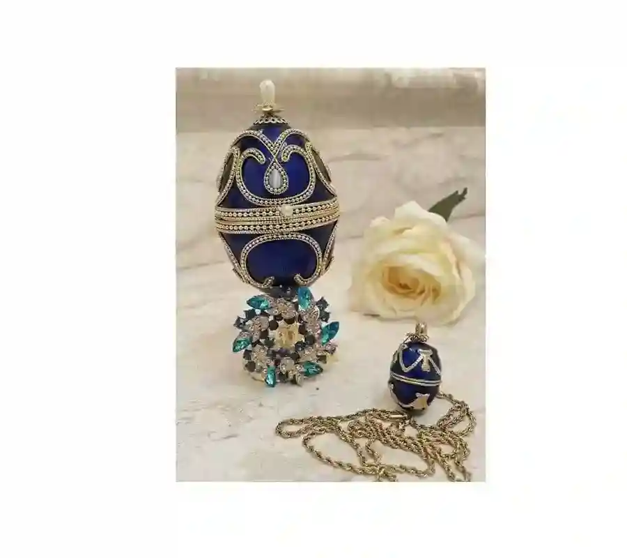 Blue Faberge-Style Egg - Faberge Egg Music Box & Faberge Egg Pendant Handmade Egg Necklace jewelry - Something blue gifts for bride - Home Decor 