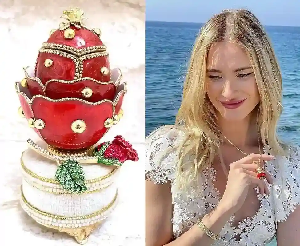 Limited Edition Faberge egg 2002 Ruby Rose Faberge Style Egg HANDCARVED Faberge egg MUSIC Box & Jewelry First Christmas Anniversary New Year 