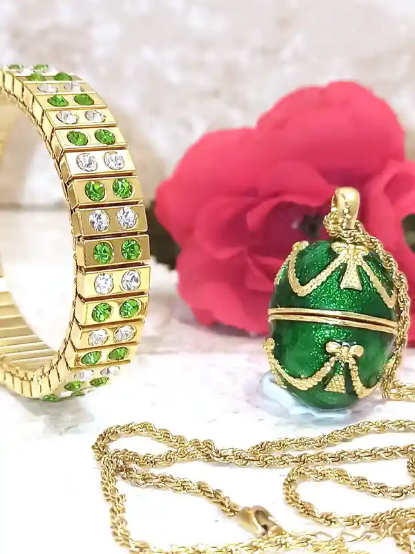 August Birthstone Birthday Gift For Her Faberge-Style egg NECKLACE & BRACELET Peridot Birthstone August Birth Jewelry 24k GOLD Designer Jewellery 