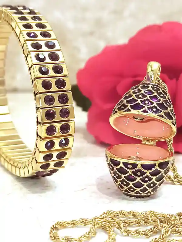 Artisan Faberge-Style Egg Necklace & Bracelet Amethyst Faberge-Style egg style Jewelry 24k Gold Swarovski February 6th Wedding Anniversary wife Birthday
