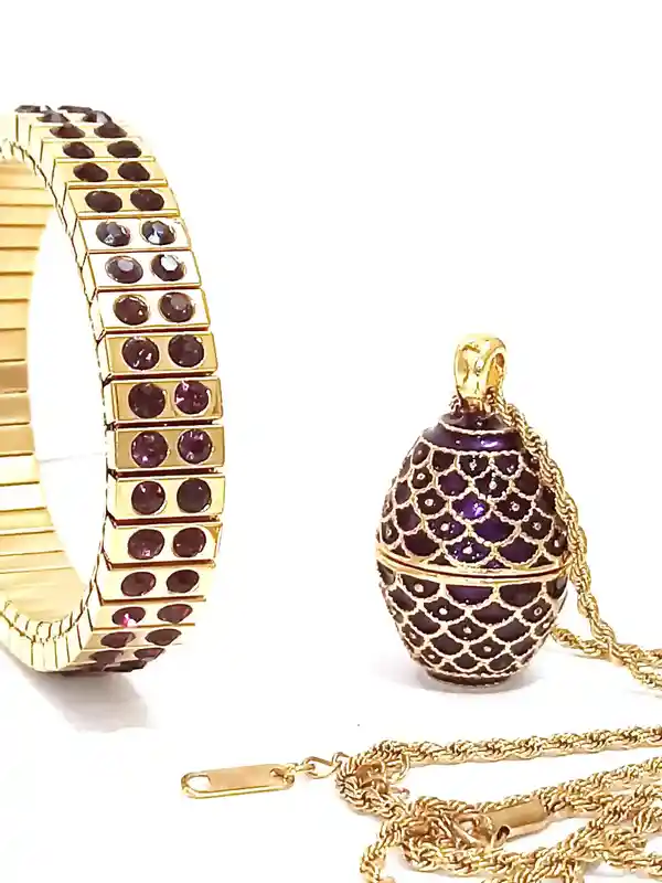 Artisan Faberge-Style Egg Necklace & Bracelet Amethyst Faberge-Style egg style Jewelry 24k Gold Swarovski February 6th Wedding Anniversary wife Birthday