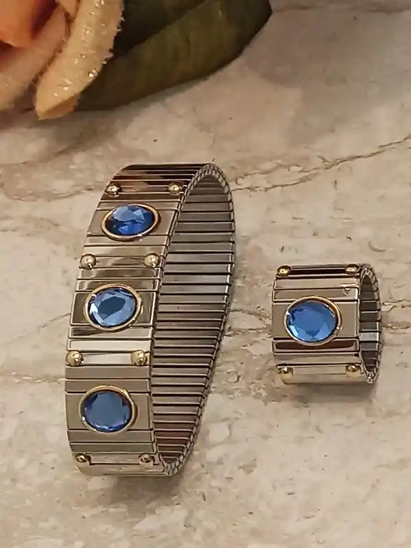 9ct SAPPHIRE SILVER Bracelet Ring SET/Blue Swarovski Crystal Bracelet Silver Ring/Statement bracelet/Sapphire Anniversary Gift/Gift for Her 