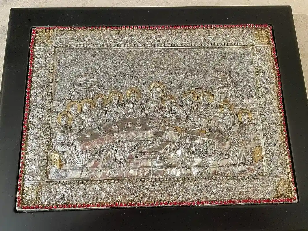 The Last Supper Icon Jesus Christ Orthodox Icon Religious gift Mystical Supper Icon SOLID SILVER Icon 408 GEMS Handpainted Icon Christmas 