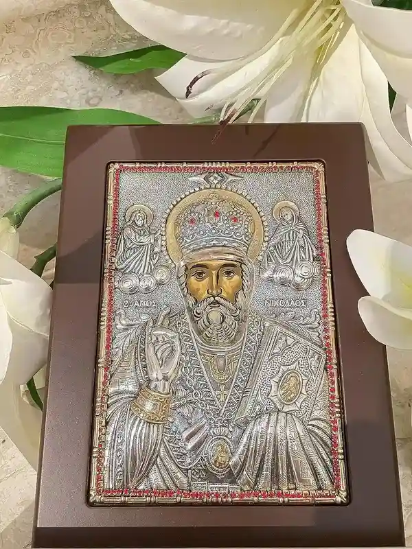Saint Nicholas Icon Christian gift Byzantine Icon St Nicholas Icon Patron of Children Greek Orthodox Icon PURE SILVER Gem Handpainted Icon 
