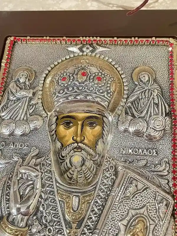 Saint Nicholas Icon Christian gift Byzantine Icon St Nicholas Icon Patron of Children Greek Orthodox Icon PURE SILVER Gem Handpainted Icon 