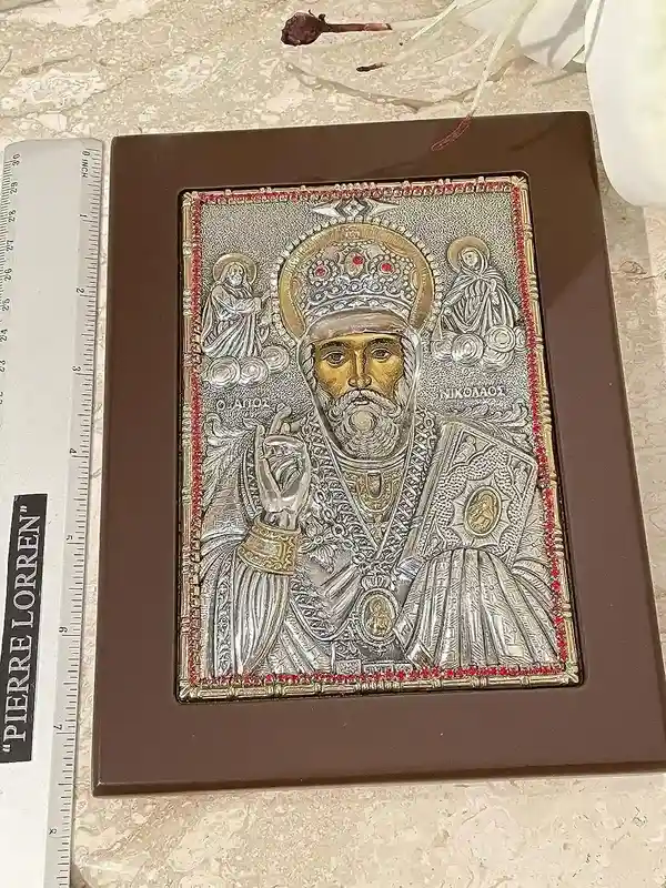 Saint Nicholas Icon Christian gift Byzantine Icon St Nicholas Icon Patron of Children Greek Orthodox Icon PURE SILVER Gem Handpainted Icon 