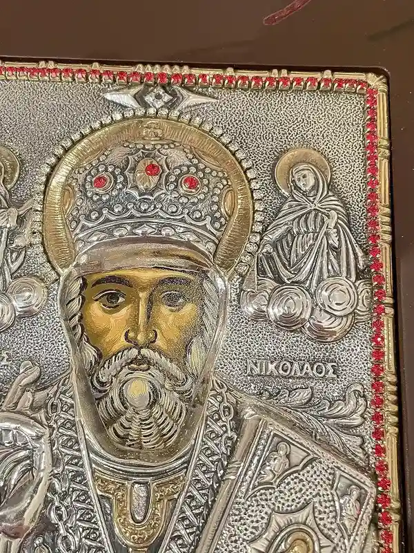 Saint Nicholas Icon Christian gift Byzantine Icon St Nicholas Icon Patron of Children Greek Orthodox Icon PURE SILVER Gem Handpainted Icon 