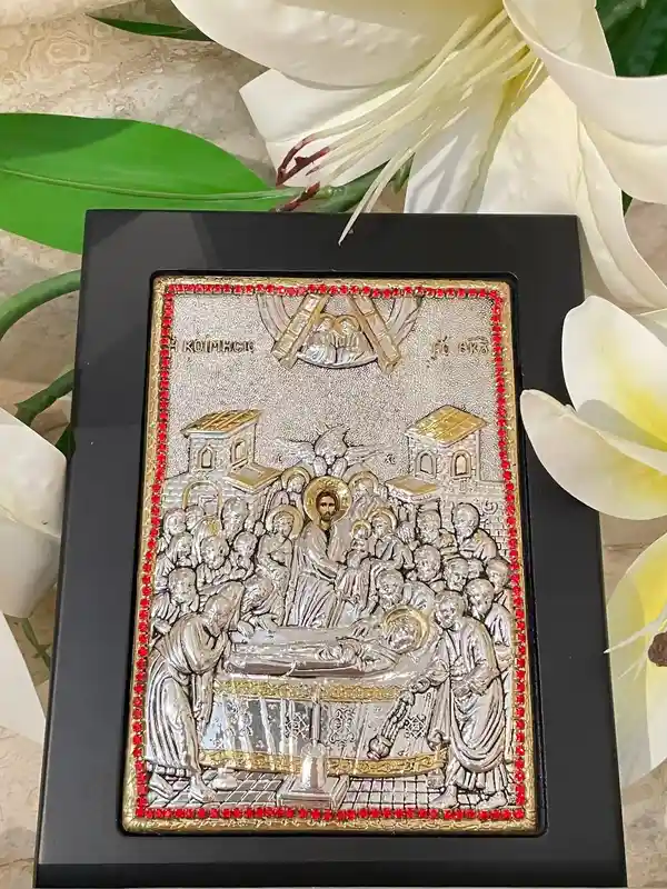 Madonna Icon Dormition ofthe Holy Mother of God Virgin Mary Icon SOLID Sterling Silver Housewarming Christian Icon Handpainted Icon 200 Gems 