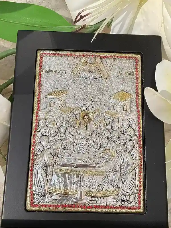 Madonna Icon Dormition ofthe Holy Mother of God Virgin Mary Icon SOLID Sterling Silver Housewarming Christian Icon Handpainted Icon 200 Gems 