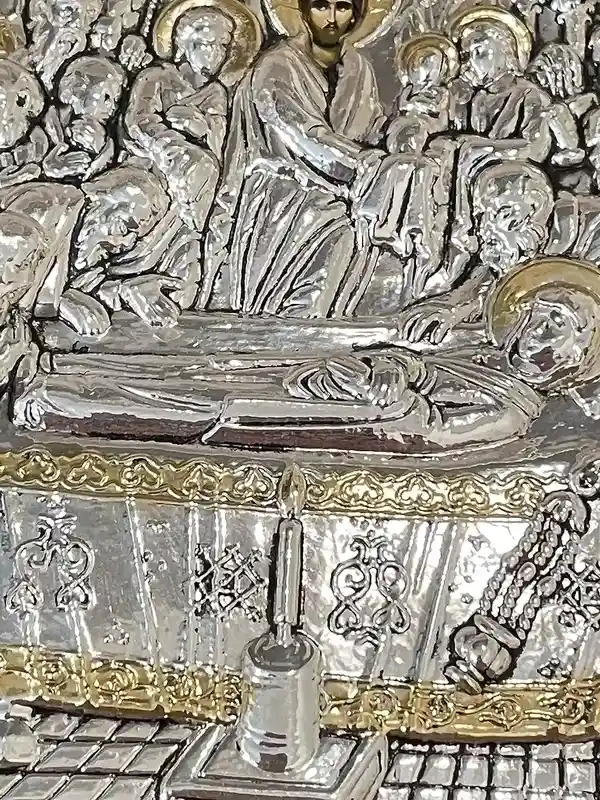 Madonna Icon Dormition ofthe Holy Mother of God Virgin Mary Icon SOLID Sterling Silver Housewarming Christian Icon Handpainted Icon 200 Gems 