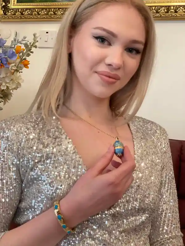 HANDMADE Faberge Jewelry Blue Topaz Necklace in Yellow Gold + 24K Bracelet Blue Stone - Faberge Egg Pendant Necklace -Faberge Jewelry style 