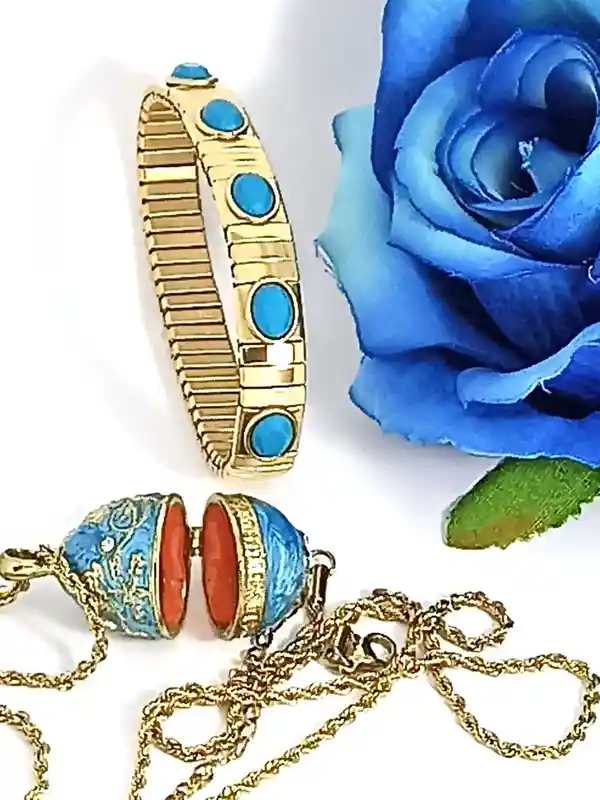 HANDMADE Faberge Jewelry Blue Topaz Necklace in Yellow Gold + 24K Bracelet Blue Stone - Faberge Egg Pendant Necklace -Faberge Jewelry style 