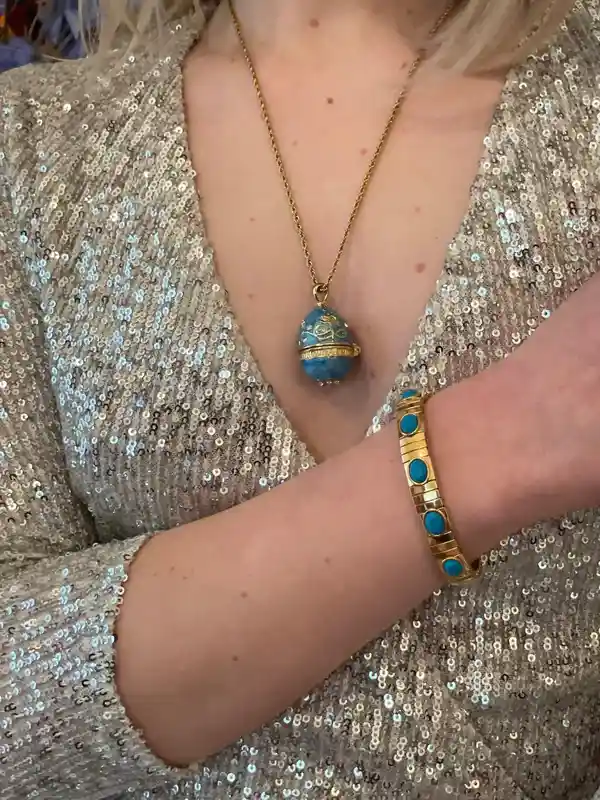 HANDMADE Faberge Jewelry Blue Topaz Necklace in Yellow Gold + 24K Bracelet Blue Stone - Faberge Egg Pendant Necklace -Faberge Jewelry style 
