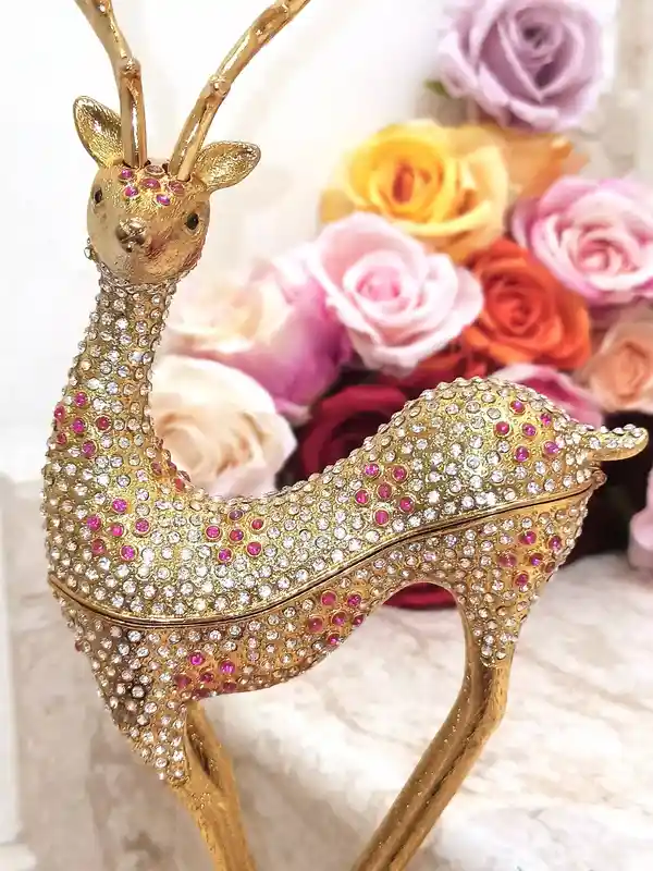 1990, Vintage Decor Home, Deer Hunter Ornament, 24k GOLD, HANDMADE, Swarovski DIAMOND Handset 10ct, Reindeer Trinket Box, Deer gifts for men 