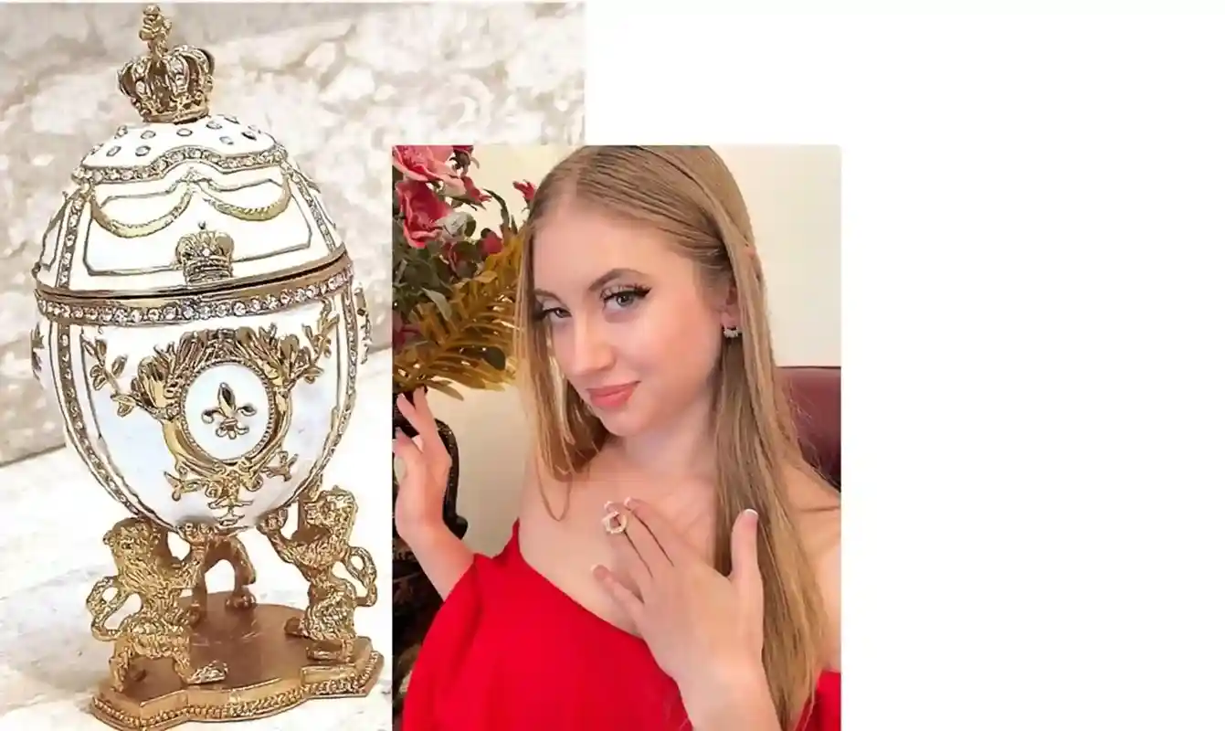 White Faberge Christmas New Years Wreath Jewelry + Faberge style egg Handmade Pure GOLD decor Swarovski Faberge Set LUCK Joy LOVE Happiness 