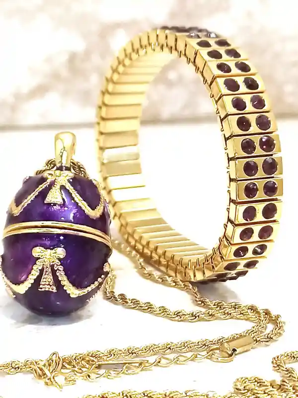 Gold Amethyst Necklace -Faberge-Style egg Pendant -Amethyst Bracelet -24K Gold -Handmade Bracelet-Bridal shower gift -Gift for women-Gift for Her 