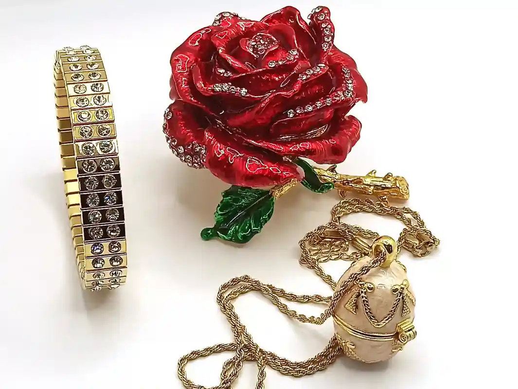 7ct, 24k Gold Jewelry Handmade, Luxury Christmas Gift Set, Egg Faberge, 24k GOLD Rose, Faberge egg Trinket Box, Faberge Egg Necklace 