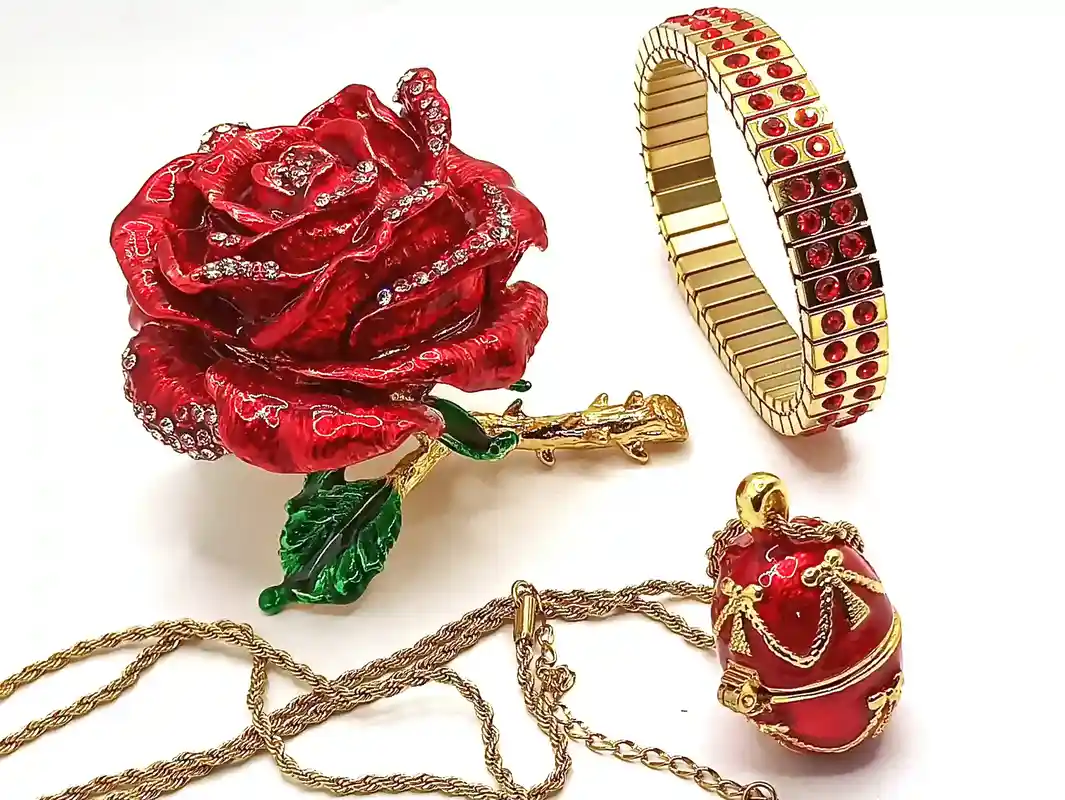 Luxury Jewelry box, 5ct, Faberge Jewelry, SET, 24k GOLD Roses, Faberge egg Box, Faberge Egg pendant Gold, RUBY bracelet Gold, Handmade Gift 