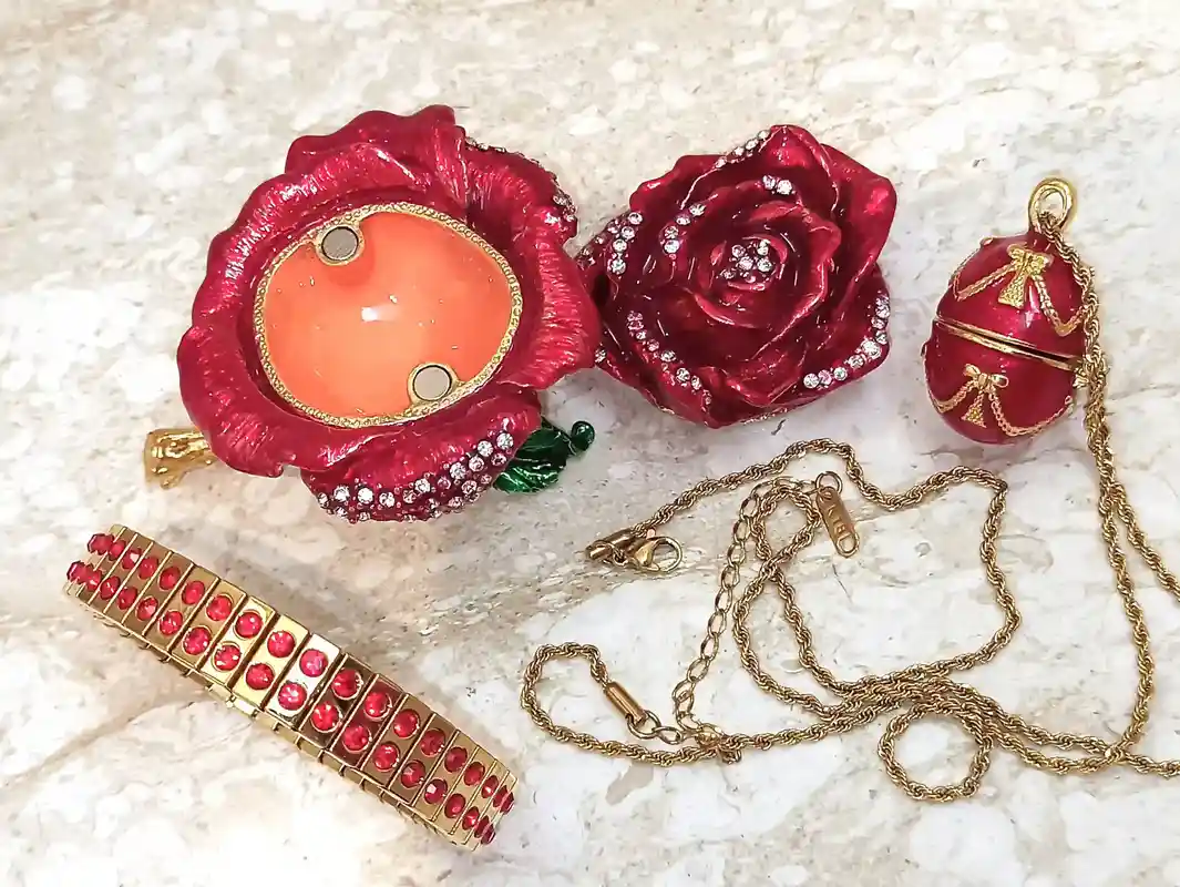 Luxury Jewelry box, 5ct, Faberge Jewelry, SET, 24k GOLD Roses, Faberge egg Box, Faberge Egg pendant Gold, RUBY bracelet Gold, Handmade Gift 