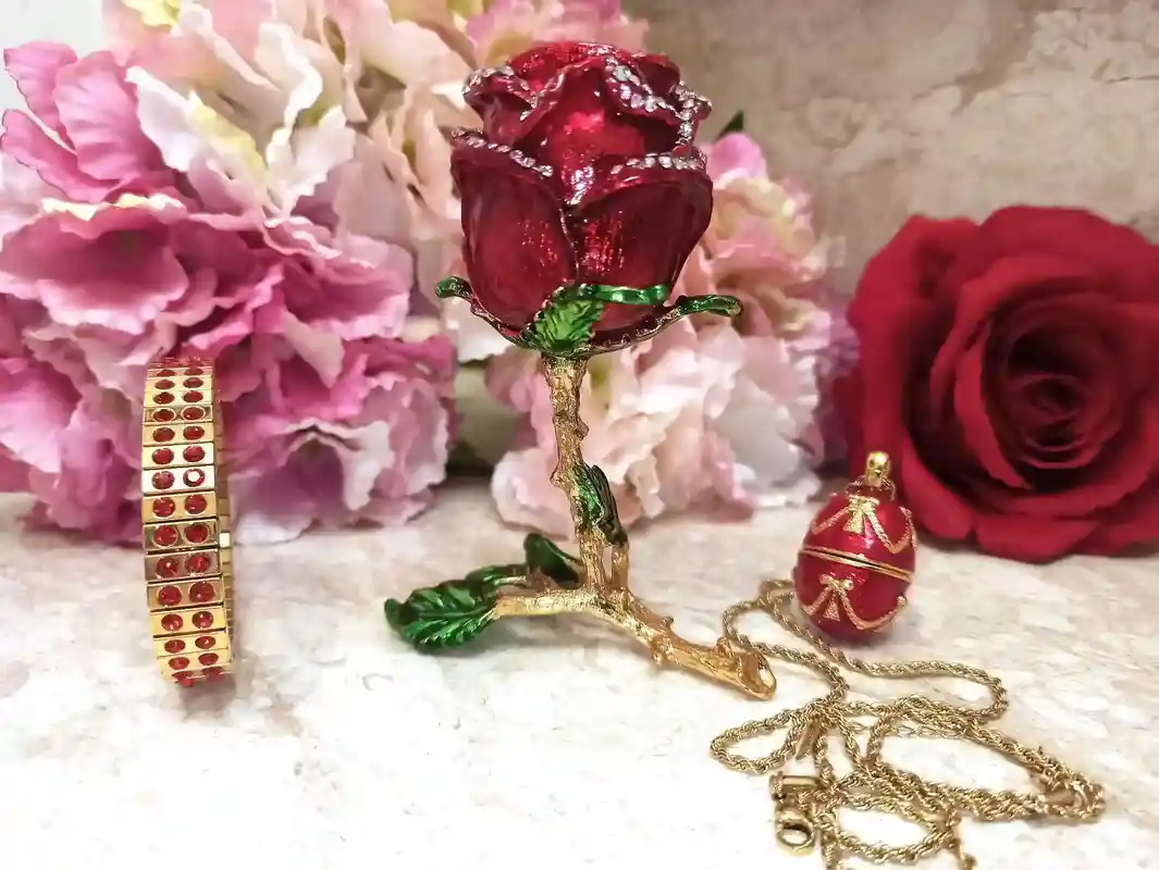 7ct, Faberge-Style egg, Ruby Gift, Luxury gift for her, Rose Jewelry Box + Faberge Egg Necklace + Bracelet,24k GOLD, HANDMADE, Christmas Wife gift 