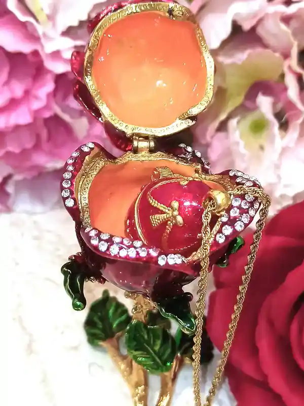 7ct, Faberge-Style egg, Ruby Gift, Luxury gift for her, Rose Jewelry Box + Faberge Egg Necklace + Bracelet,24k GOLD, HANDMADE, Christmas Wife gift 