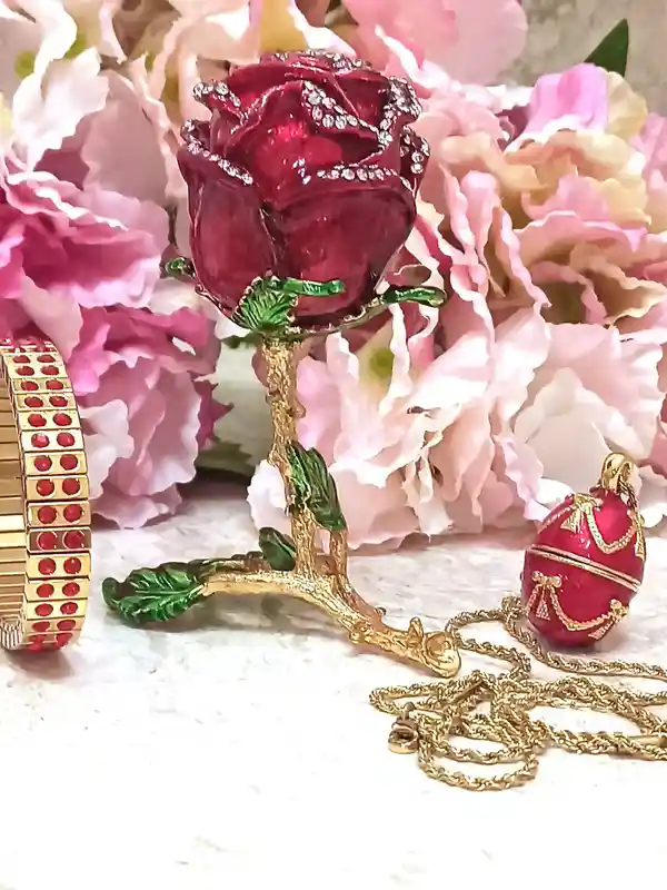 7ct, Faberge-Style egg, Ruby Gift, Luxury gift for her, Rose Jewelry Box + Faberge Egg Necklace + Bracelet,24k GOLD, HANDMADE, Christmas Wife gift 