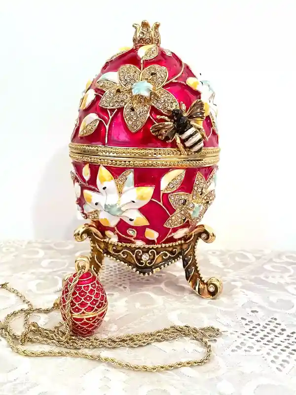 Red Faberge-Style Egg Jewelry box Pomegranate Gift + Fabrege egg Necklace 24K GOLD HANDMADE Mothers Day gift 450 Austrian Crystals HANDSET 10CT 
