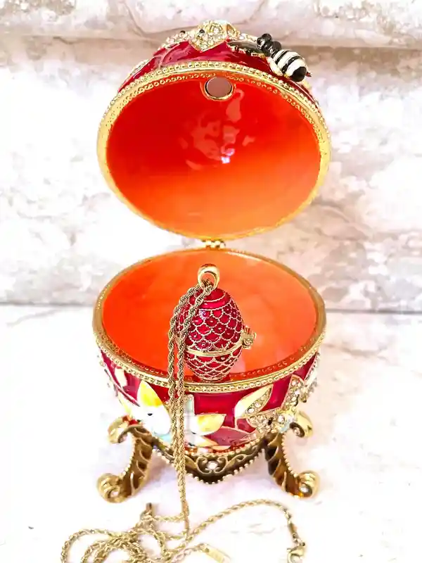 Red Faberge-Style Egg Jewelry box Pomegranate Gift + Fabrege egg Necklace 24K GOLD HANDMADE Mothers Day gift 450 Austrian Crystals HANDSET 10CT 