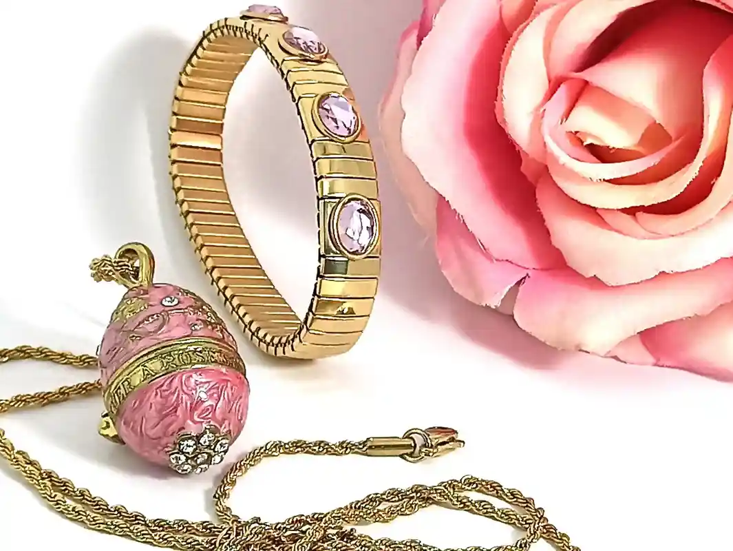 Luxurious Handmade Wedding Sterling Silver Jewelry SET Gift Faberge Egg Gold 24k Guilloche + Austrian Crystal DIAMOND Handset Pink Topaz SET 