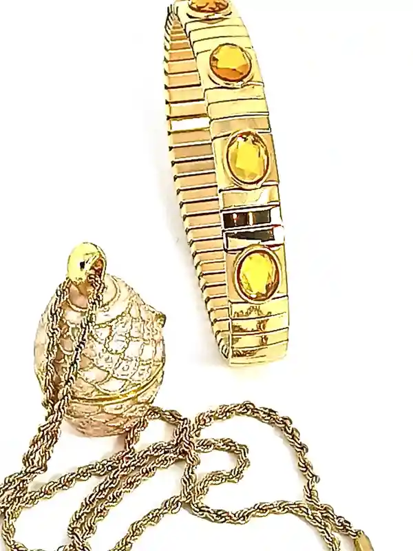 Luxurious Peach FABERGE Necklace Designer Art Deco Faberge Egg Pendant + Citrine Bracelet, 24k GOLD ,23.5 inch Chain, Egg Jewelry for women 