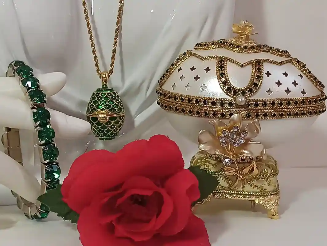 Faberge Egg May Birthstone Jewelry set Mom New Home Owner Gift May Birthday Music box Natural Handcarve EGG + 24k Gold NECKLACE + BRACELET 