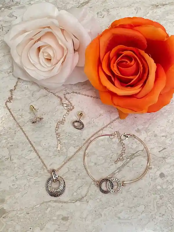 Exquisite Sterling Silver Ancient Greek Eternity Key Meander Gold Plated 24K Necklace SET , Collier Grecque,Griechische Silber Halskette SET 