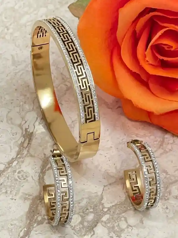 18Kt Yellow Gold SET Ancient Greek Jewelry Greek Meander Set Greek Key Bracelet + Greek Key Earrings Greek Jewellery GOOD LUCK Infinity Gift 